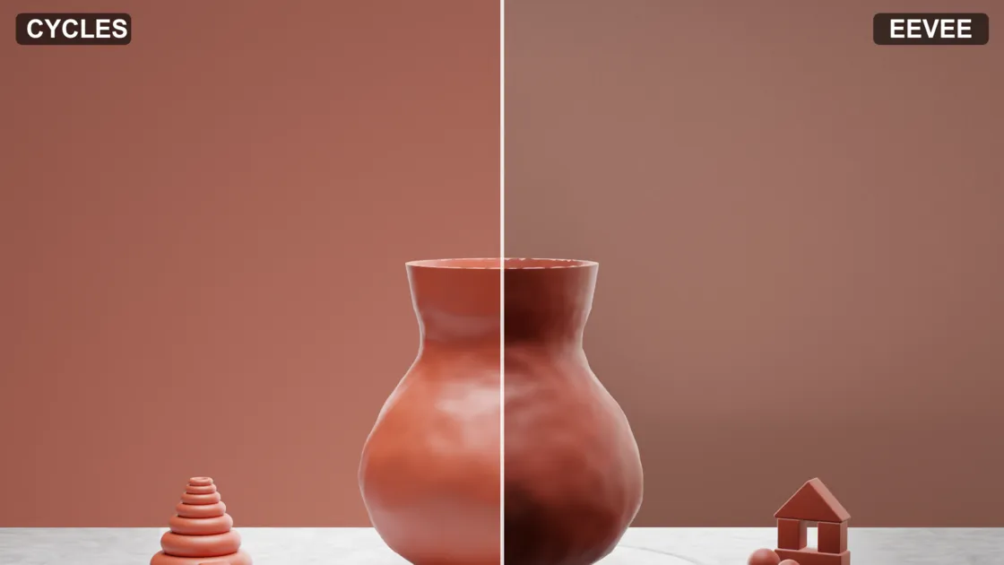 Same scene rendered with Cycles (left) and EEVEE (right)