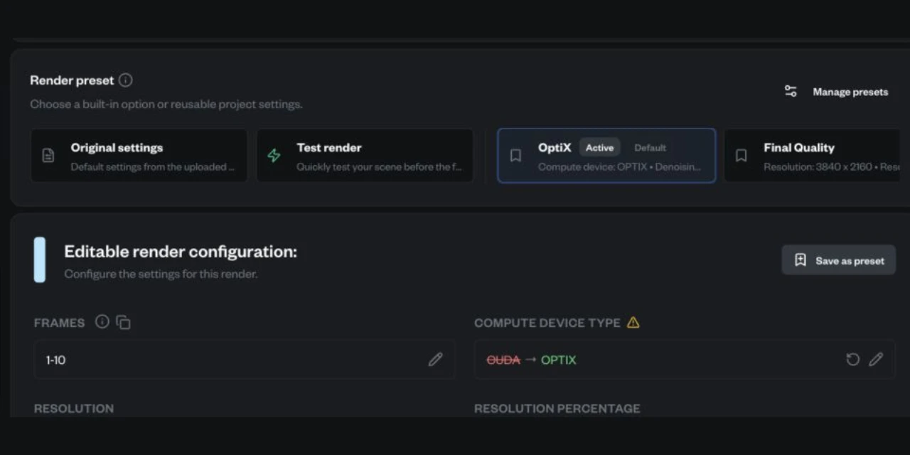 OptiX project preset applied as the default on a Renderjuice render