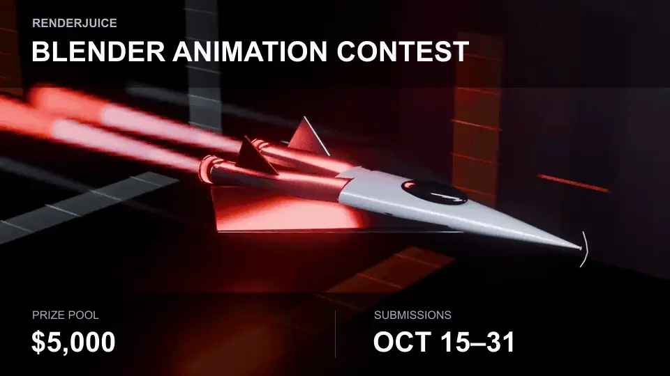 Blender Animation Contest with a $5,000 prize pool and October 15–31 submission dates over a futuristic spacecraft in motion