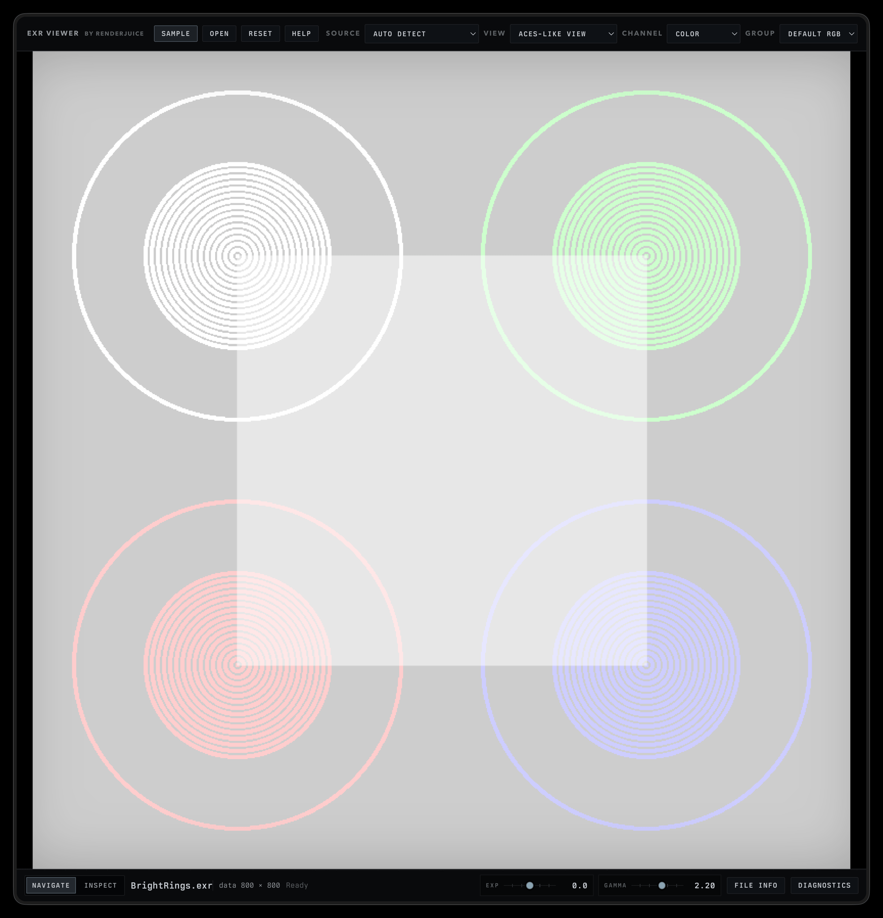 EXR Viewer with the bundled sample loaded. Top bar: Sample, Open, Reset, Help on the left; Source, View, Channel, Group dropdowns on the right. Canvas in the middle. Bottom bar: Navigate and Inspect mode toggles, file name, Exp and Gamma sliders, File Info and Diagnostics buttons.
